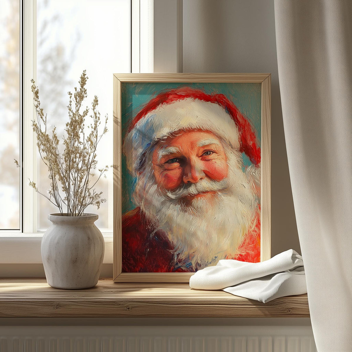 Santa Portrait Christmas art print shown in a room setting