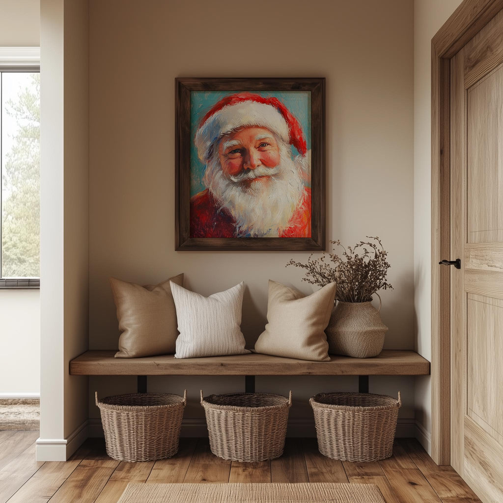Santa Portrait Christmas art print shown in a room setting