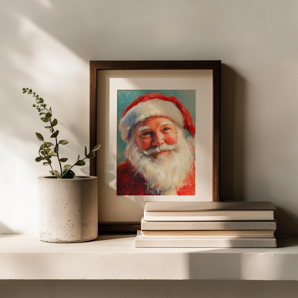 Santa Portrait Christmas art print shown in a room setting
