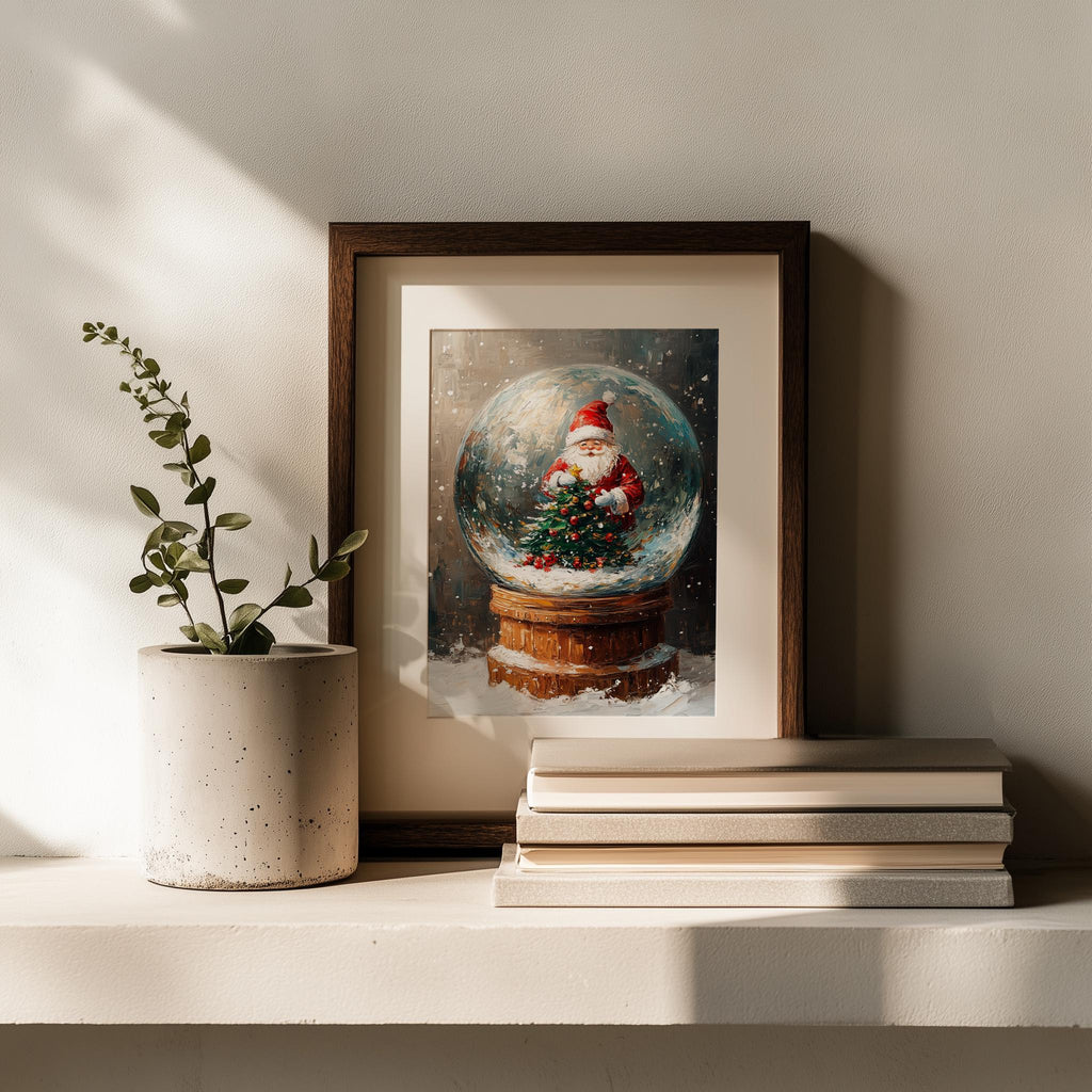 Santa Globe Christmas art print shown in a room setting