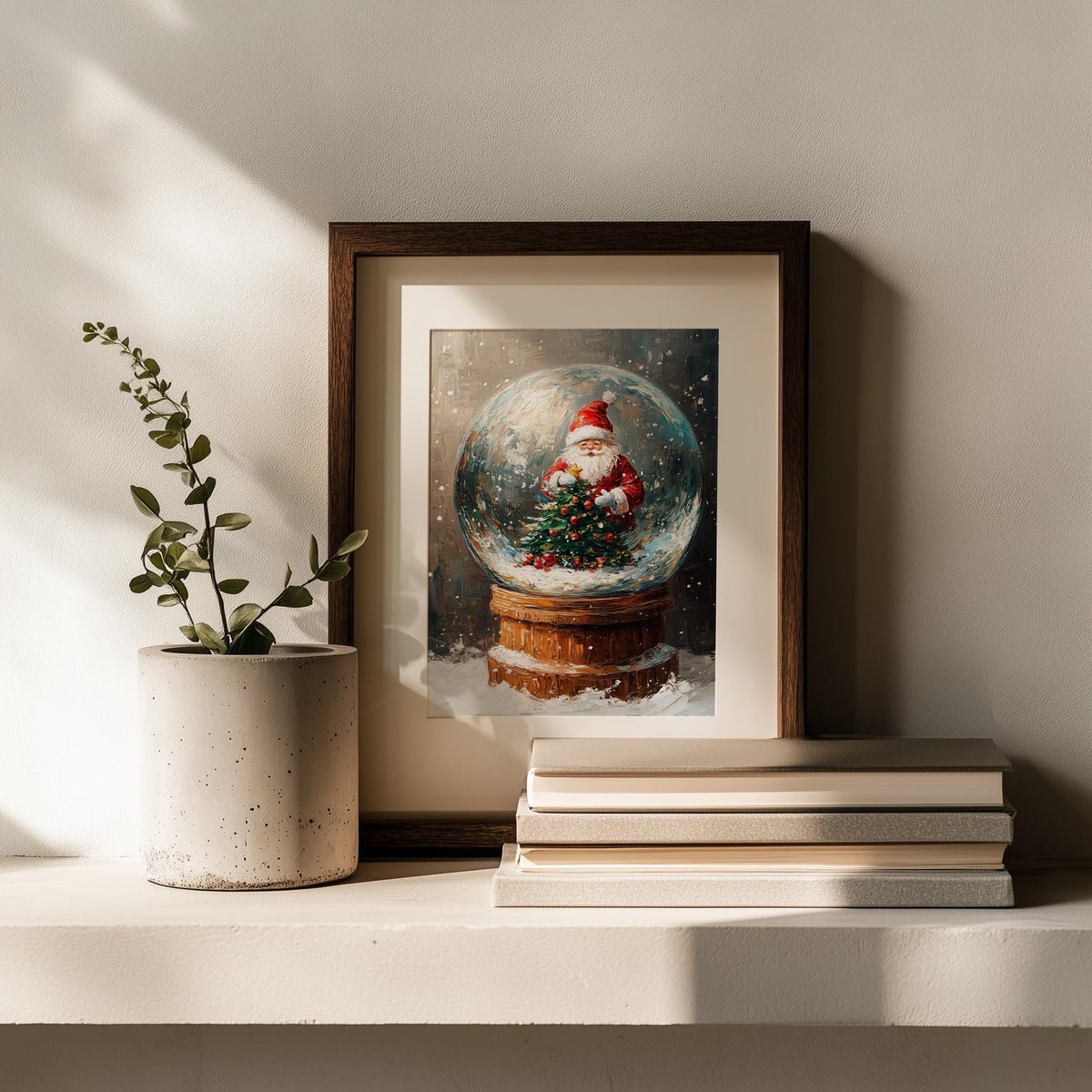 Santa Globe Christmas art print shown in a room setting