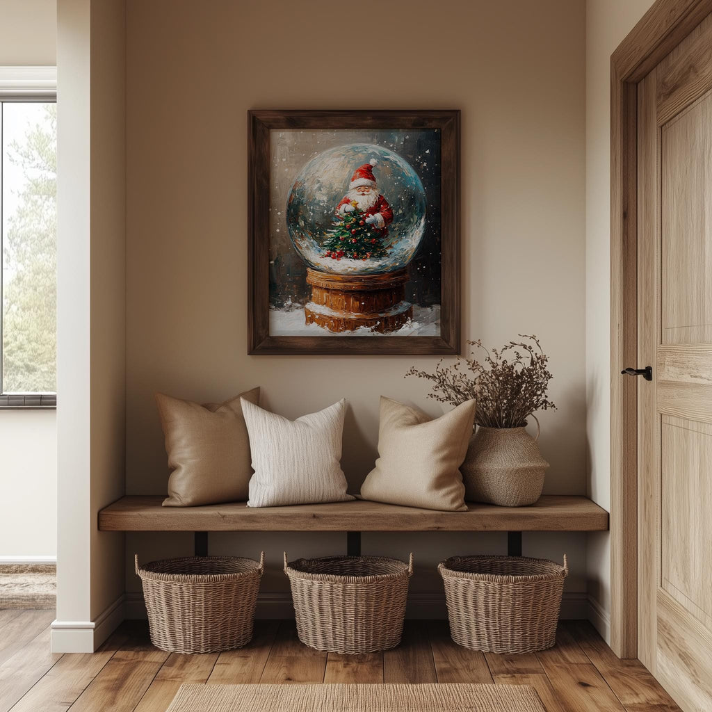 Santa Globe Christmas art print shown in a room setting