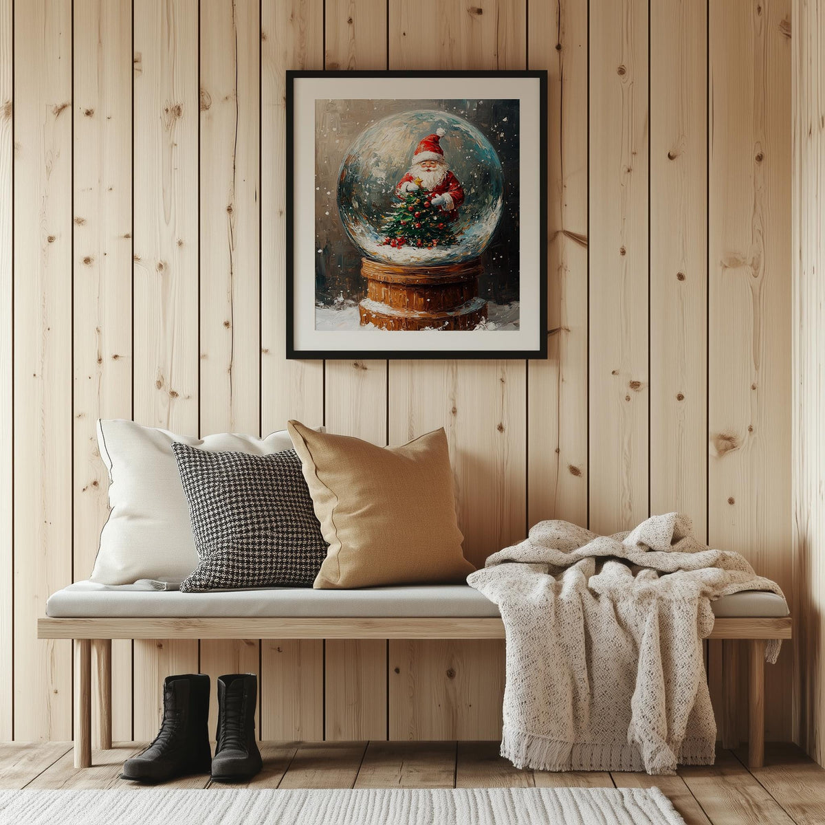 Santa Globe Christmas art print shown in a room setting