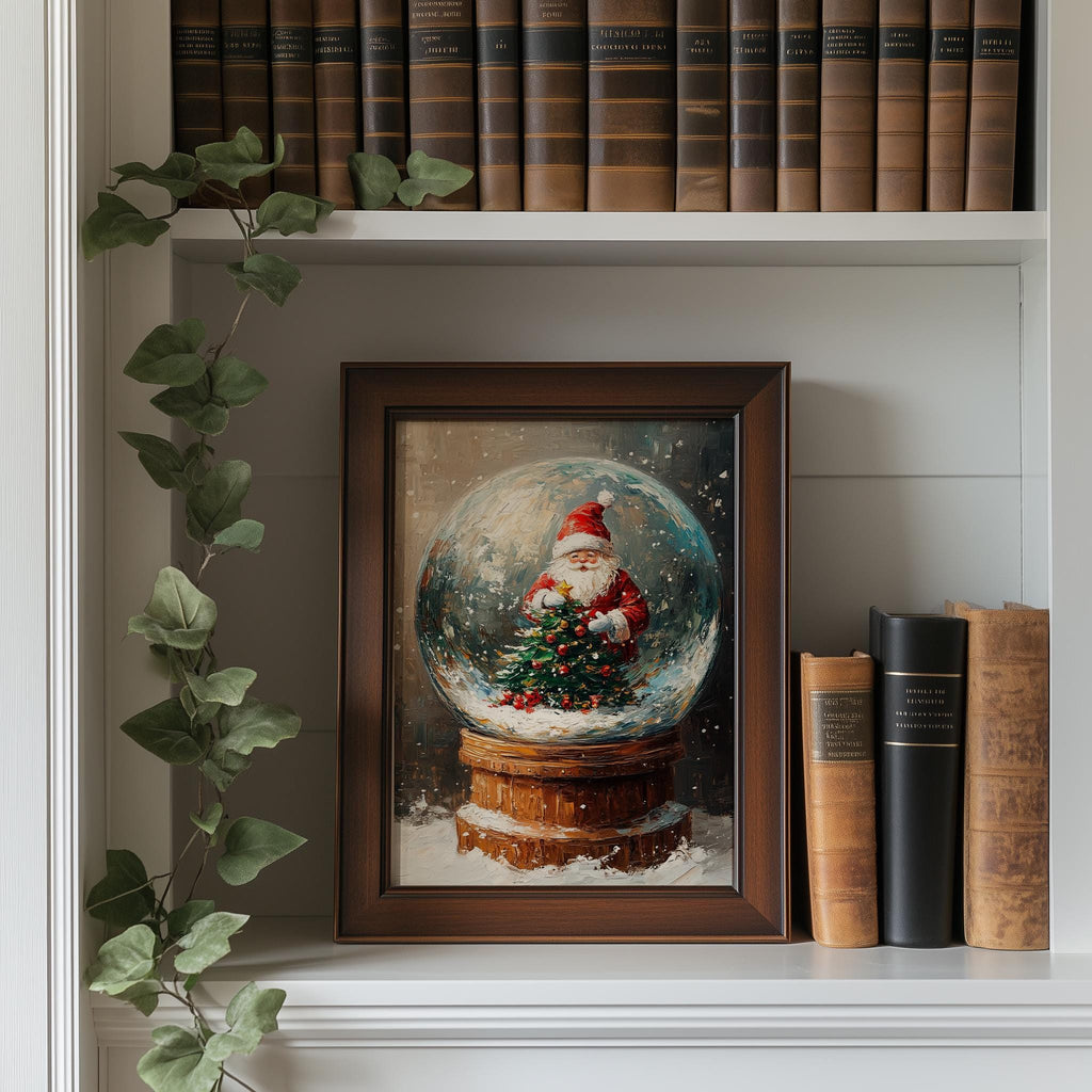 Santa Globe Christmas art print shown in a room setting