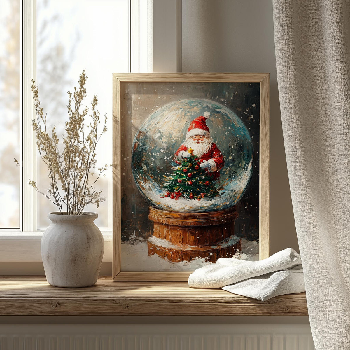 Santa Globe Christmas art print shown in a room setting