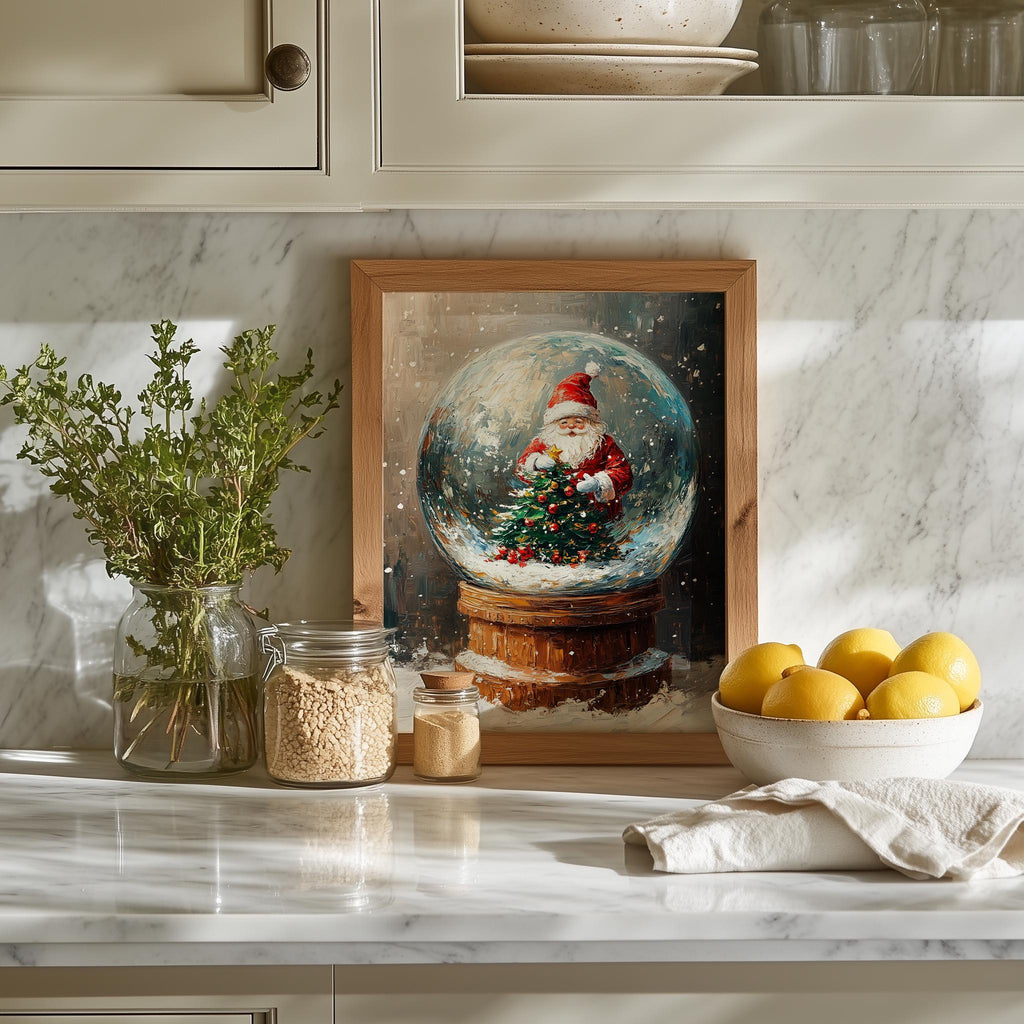 Santa Globe Christmas art print shown in a room setting