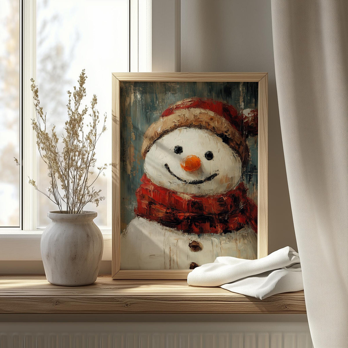 Plaid Snowman Christmas art print shown in a room setting