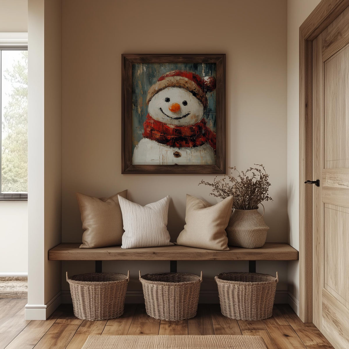 Plaid Snowman Christmas art print shown in a room setting