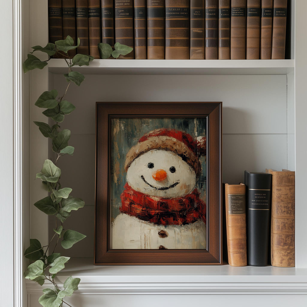 Plaid Snowman Christmas art print shown in a room setting