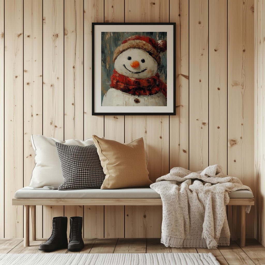 Plaid Snowman Christmas art print shown in a room setting