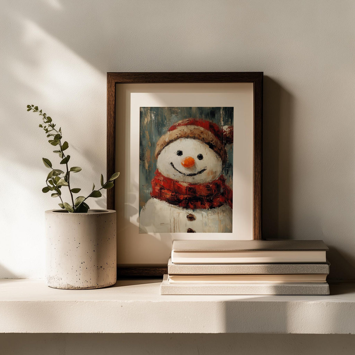 Plaid Snowman Christmas art print shown in a room setting