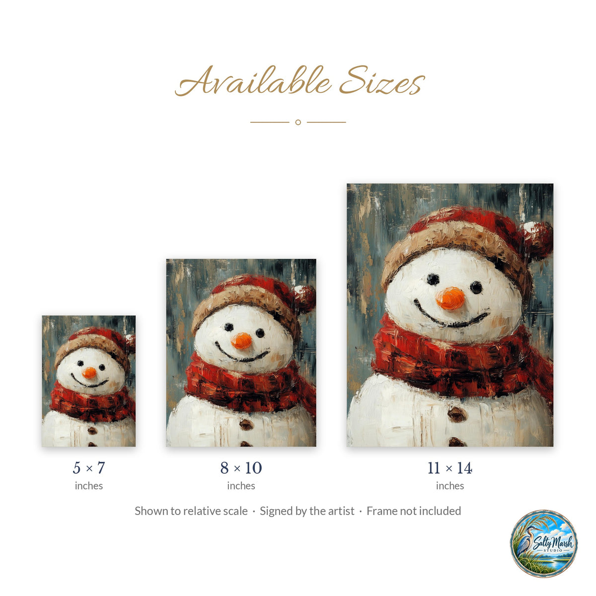 Plaid Snowman art print size guide: 5x7, 8x10 and 11x14