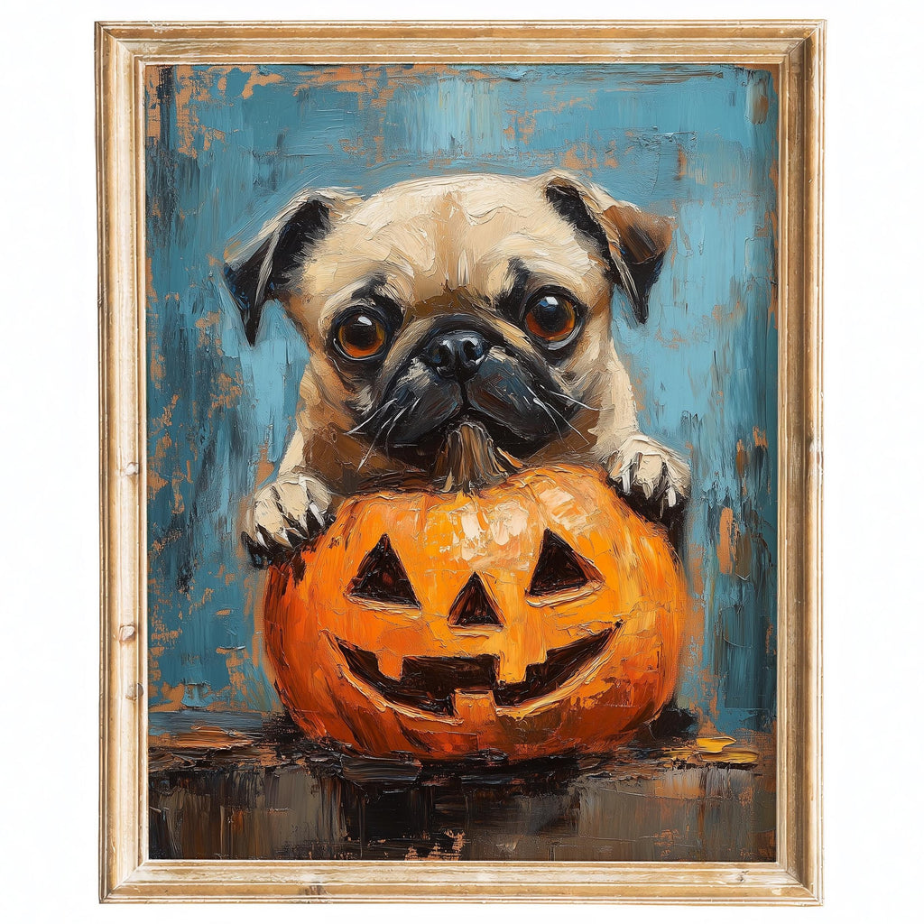 Pug Pumpkin Halloween art print framed