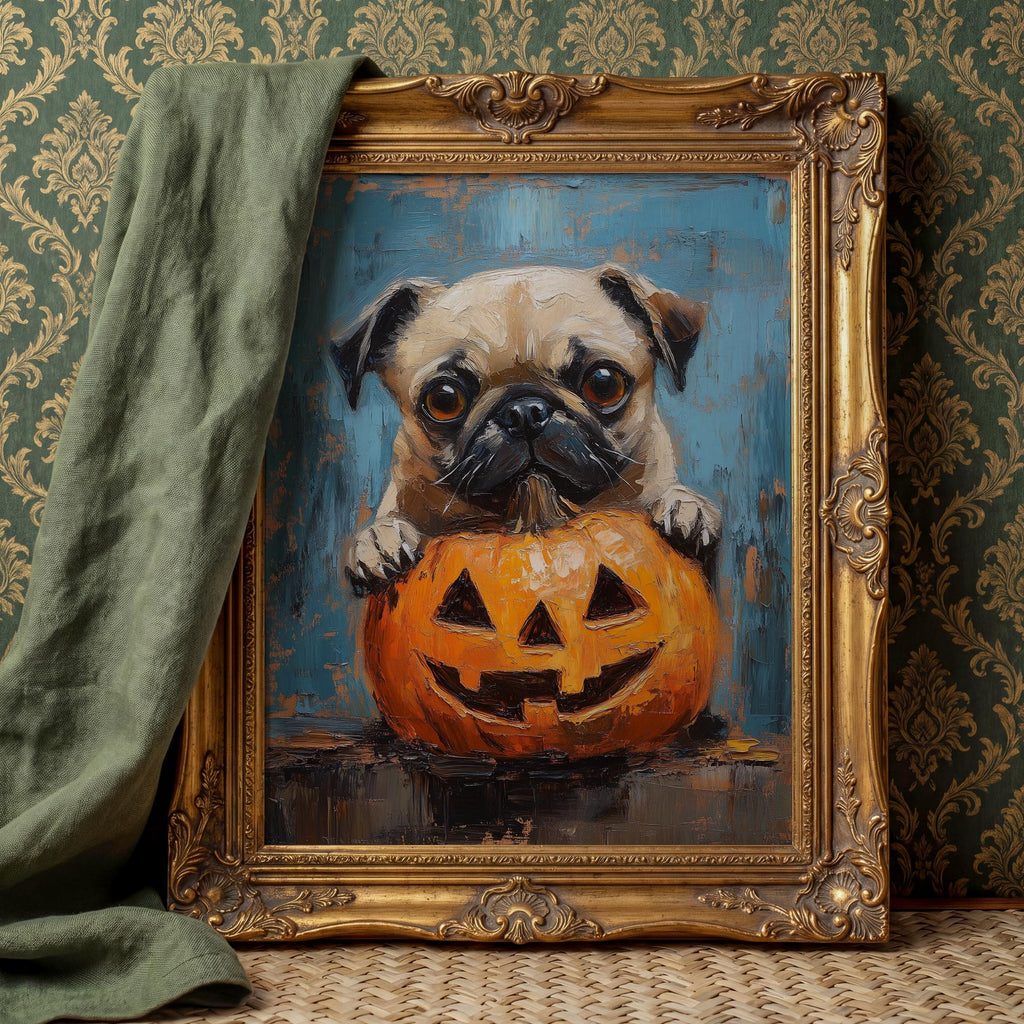 Pug Pumpkin Halloween art print shown in a room setting
