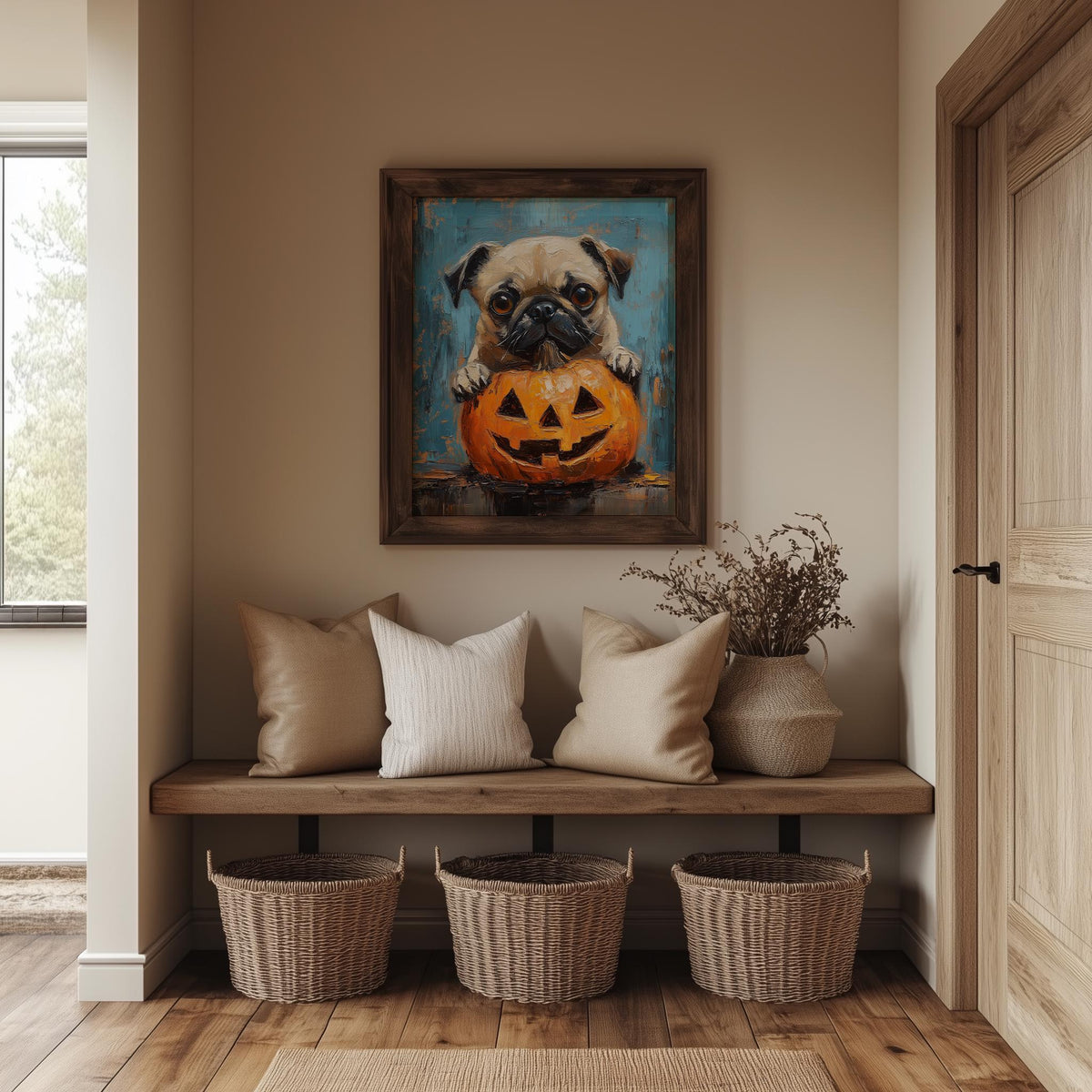 Pug Pumpkin Halloween art print shown in a room setting