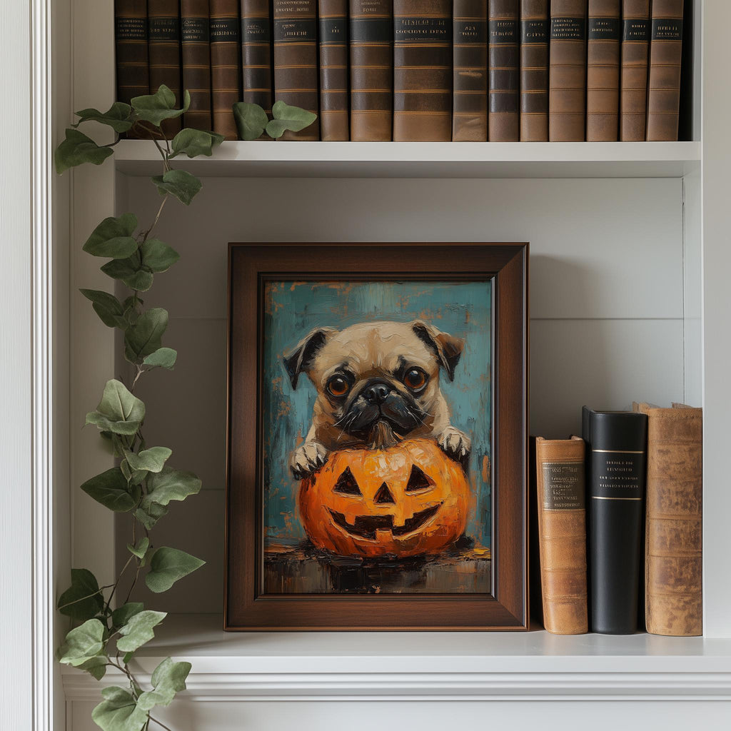 Pug Pumpkin Halloween art print shown in a room setting