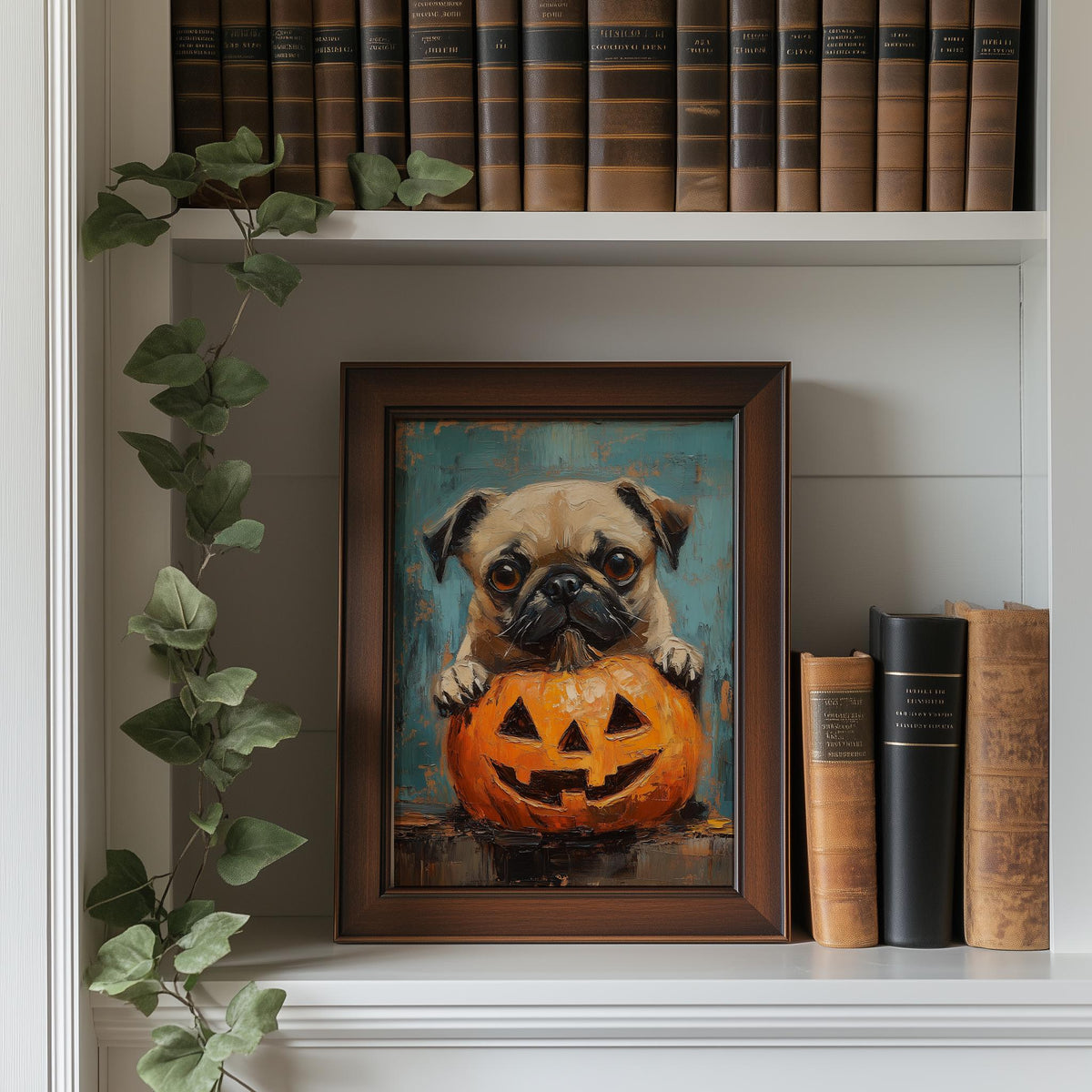 Pug Pumpkin Halloween art print shown in a room setting
