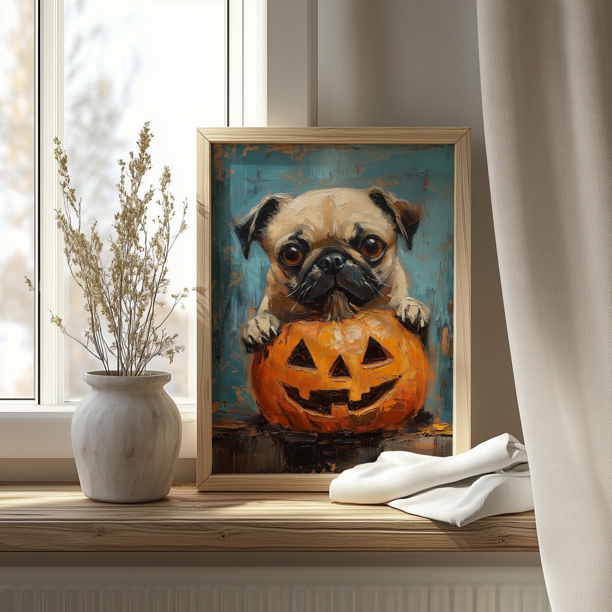Pug Pumpkin Halloween art print shown in a room setting