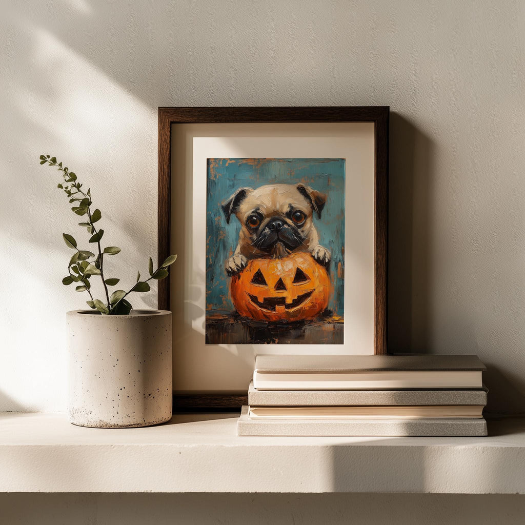 Pug Pumpkin Halloween art print shown in a room setting