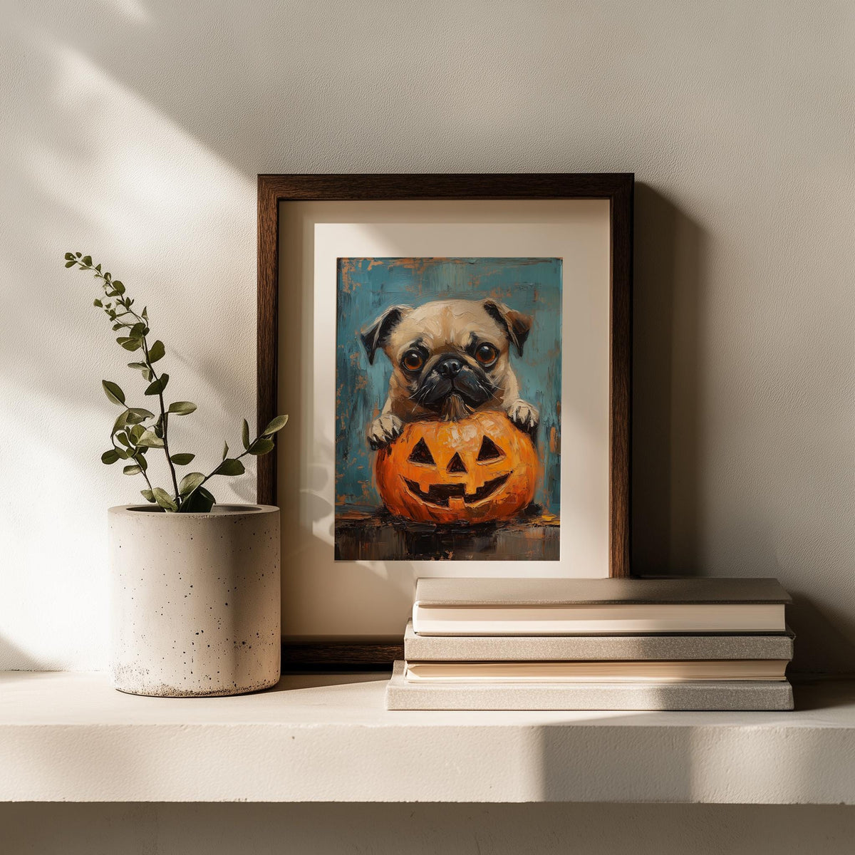 Pug Pumpkin Halloween art print shown in a room setting