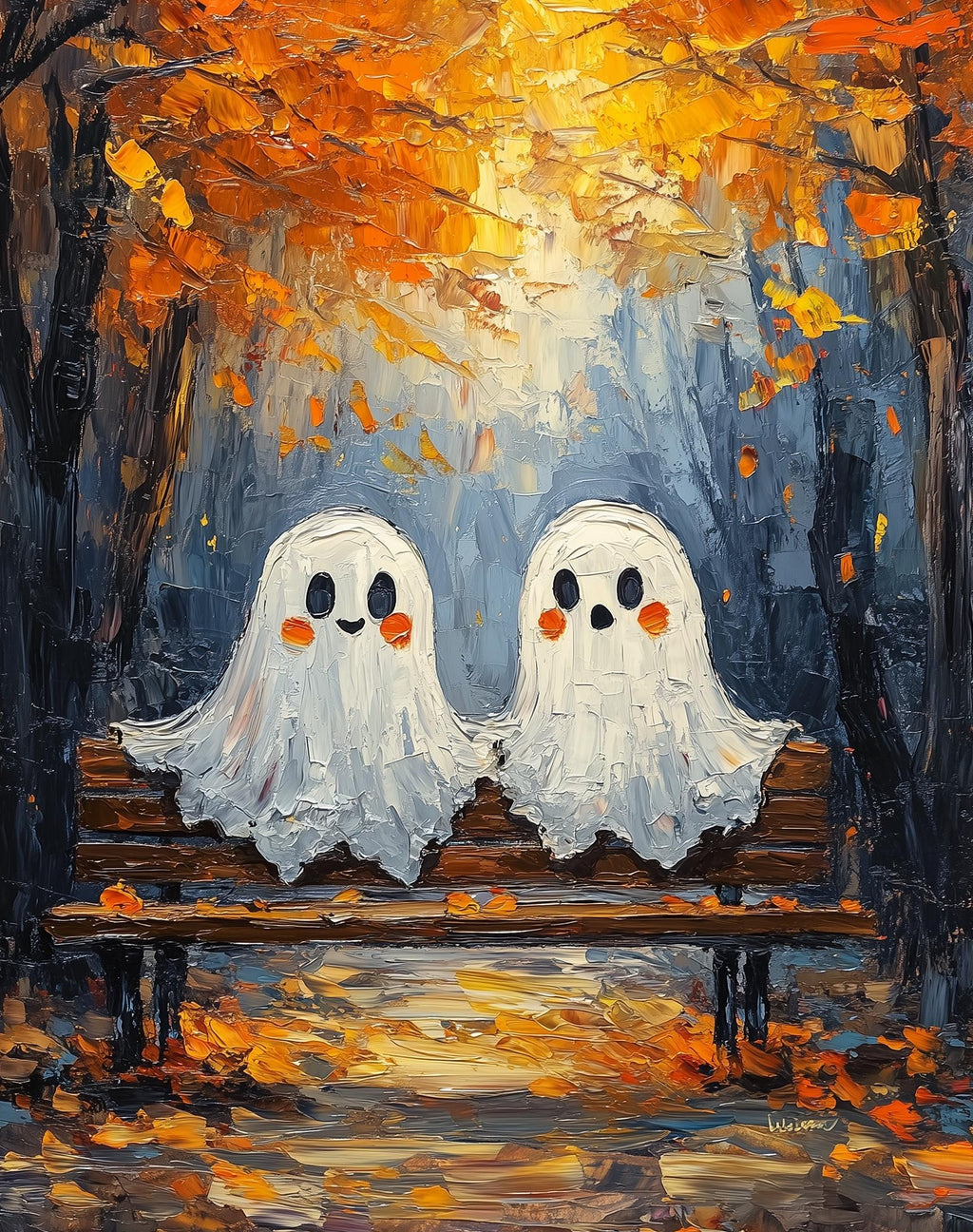 Bench Ghosts Halloween art print unframed, signed by Pattie Overcash