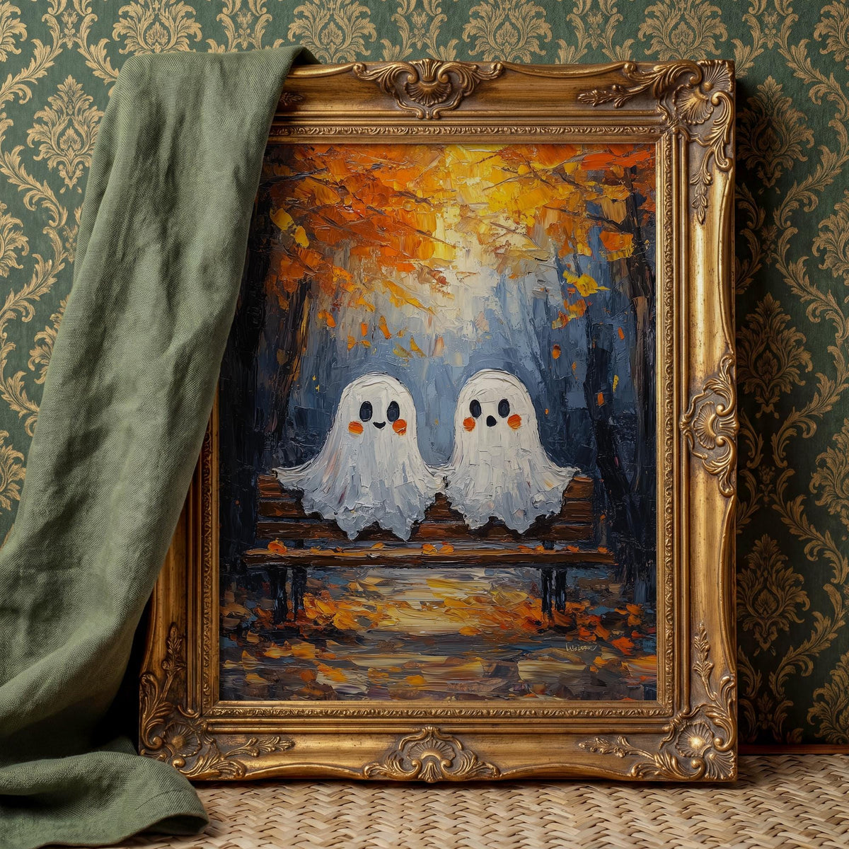 Bench Ghosts Halloween art print shown in a room setting