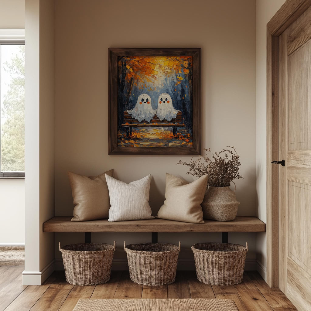 Bench Ghosts Halloween art print shown in a room setting
