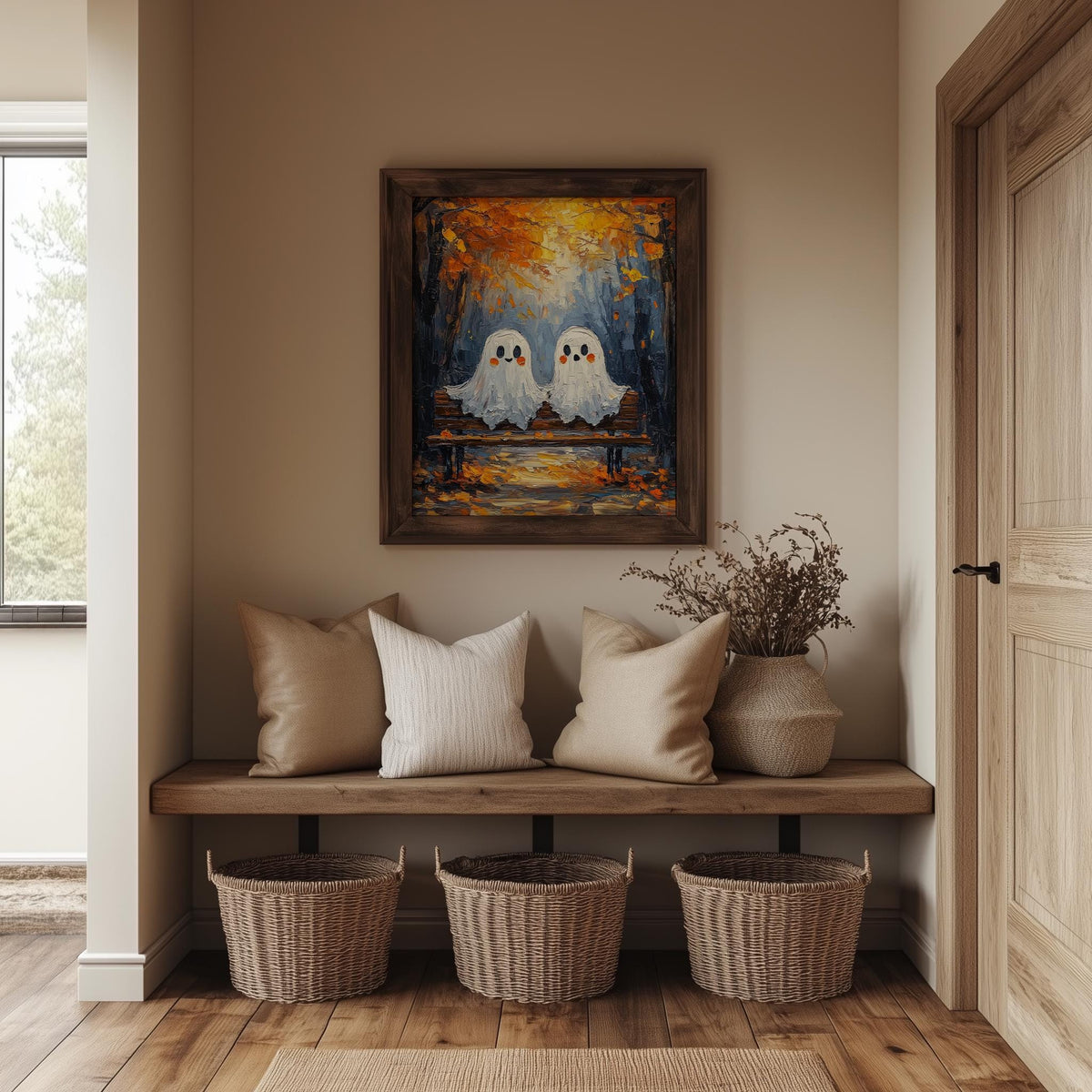 Bench Ghosts Halloween art print shown in a room setting