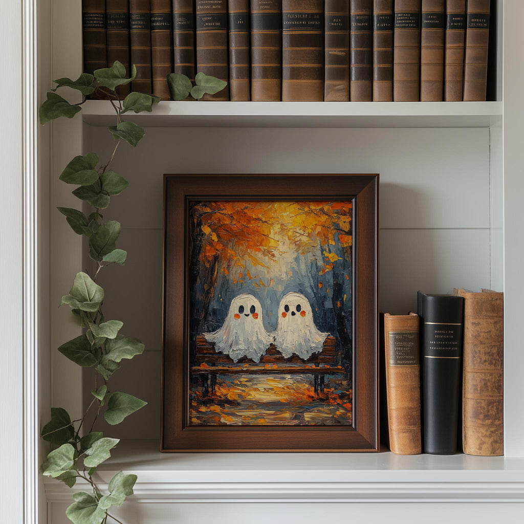 Bench Ghosts Halloween art print shown in a room setting