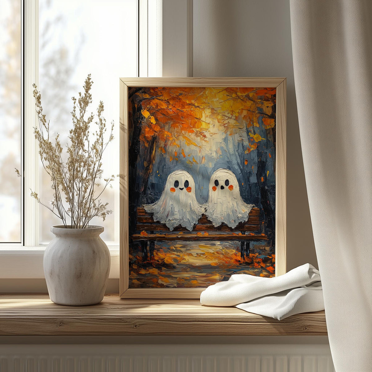 Bench Ghosts Halloween art print shown in a room setting