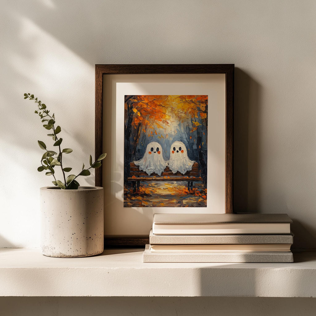 Bench Ghosts Halloween art print shown in a room setting