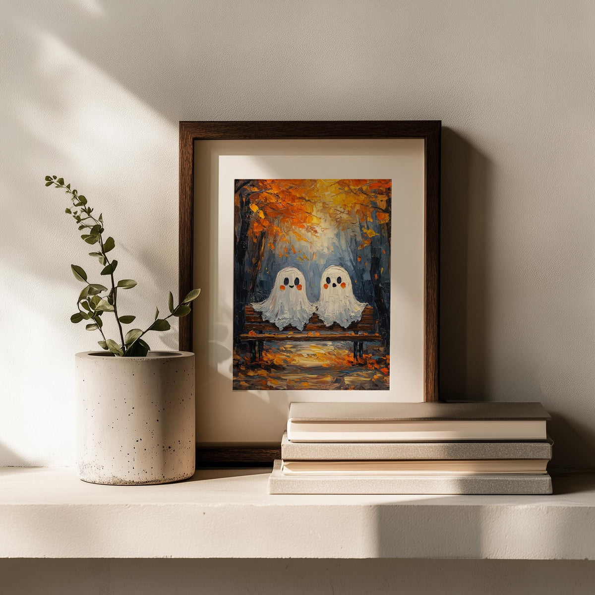Bench Ghosts Halloween art print shown in a room setting