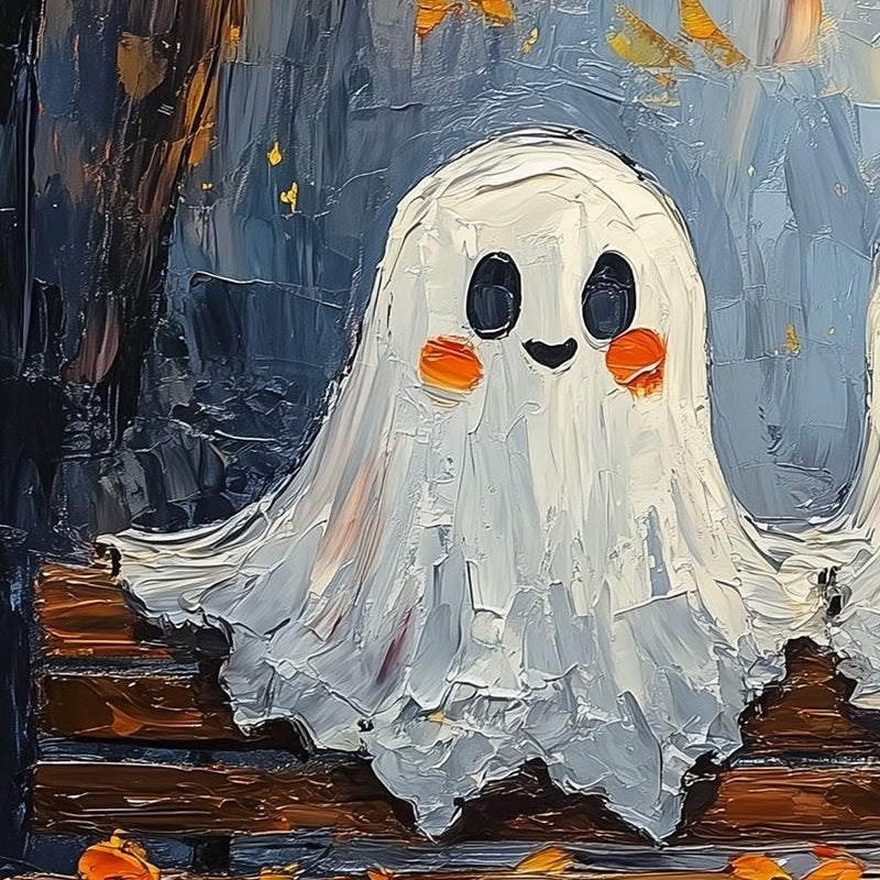 Bench Ghosts Halloween art print close-up detail