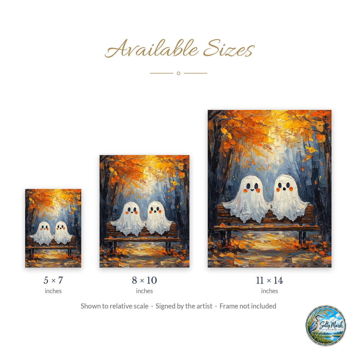 Bench Ghosts art print size guide: 5x7, 8x10 and 11x14