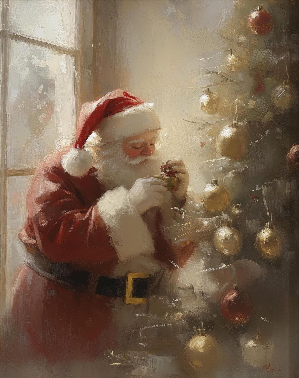 Santa Trimming Christmas art print unframed, signed by Pattie Overcash