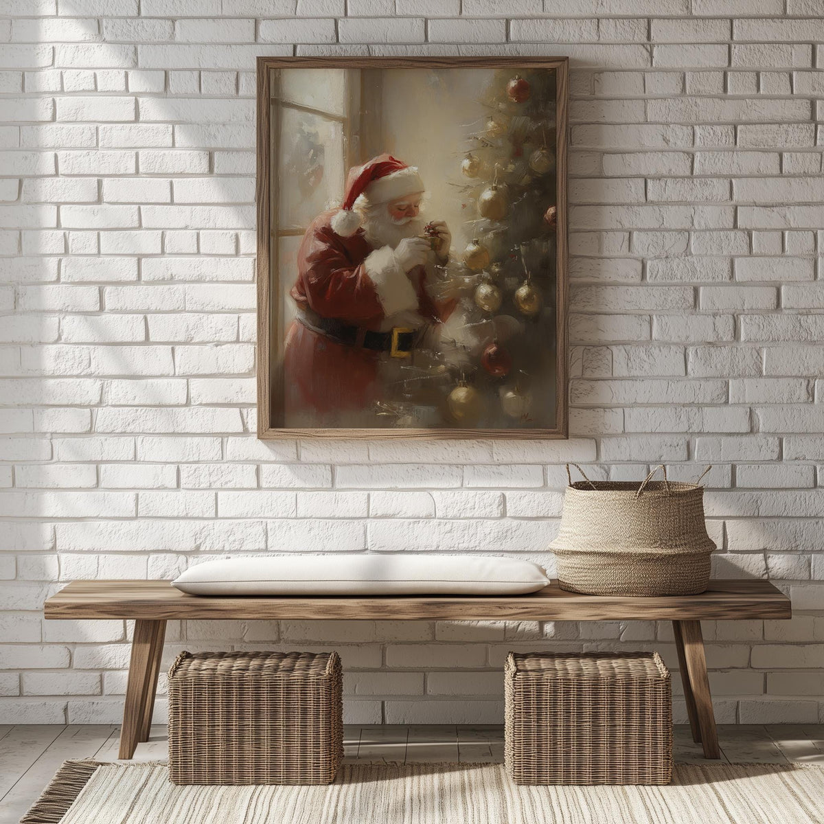 Santa Trimming Christmas art print shown in a room setting