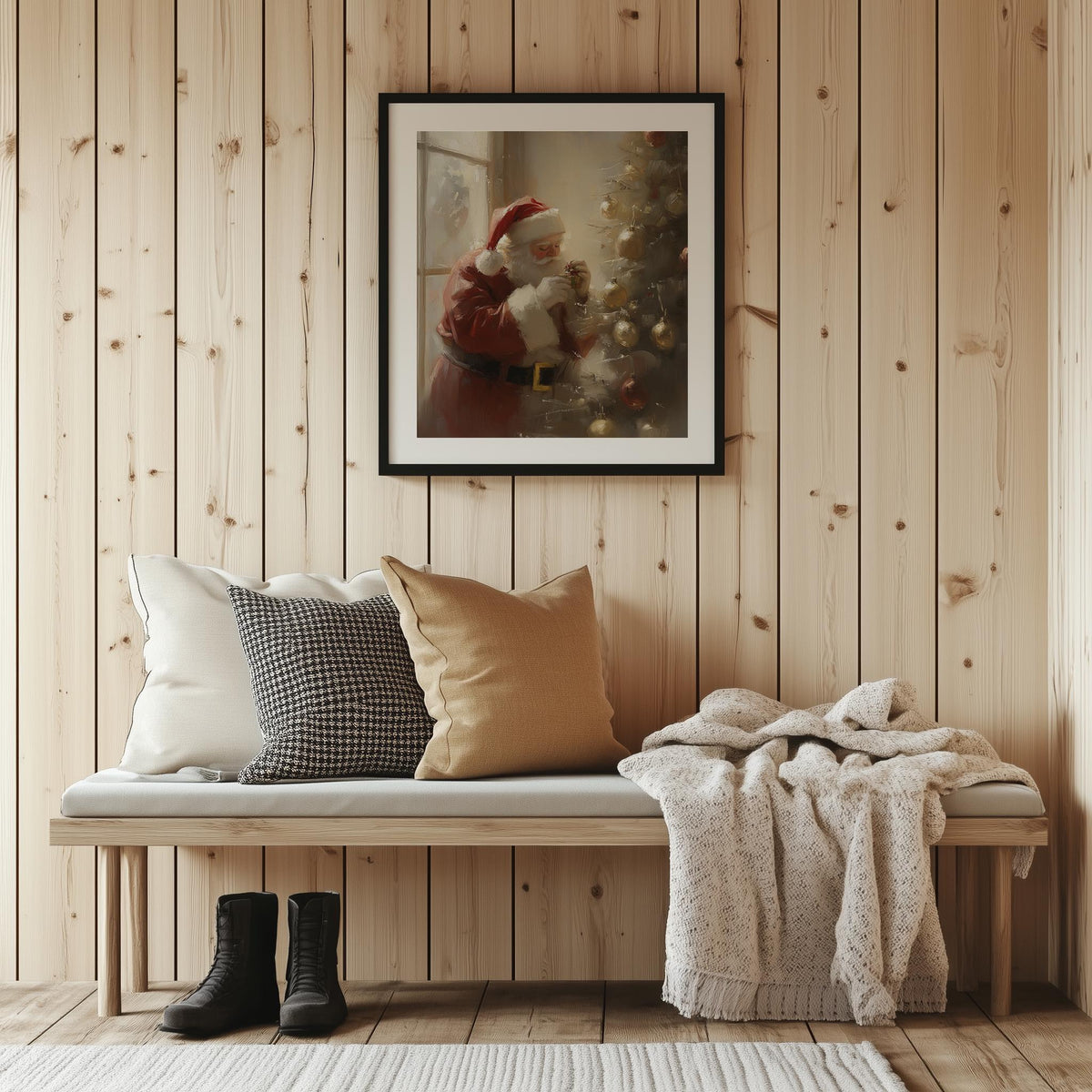 Santa Trimming Christmas art print shown in a room setting