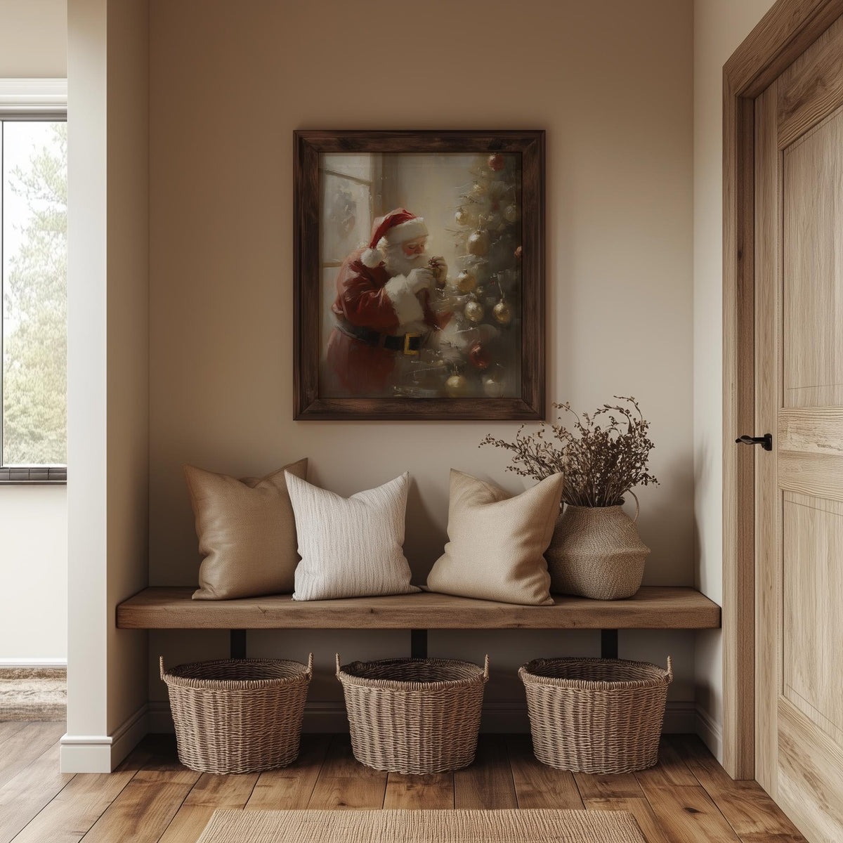 Santa Trimming Christmas art print shown in a room setting